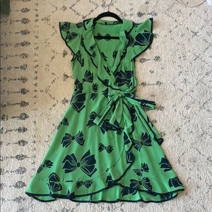 Nanette Lapore Green Silk Wrap Dress w/ Bow Print